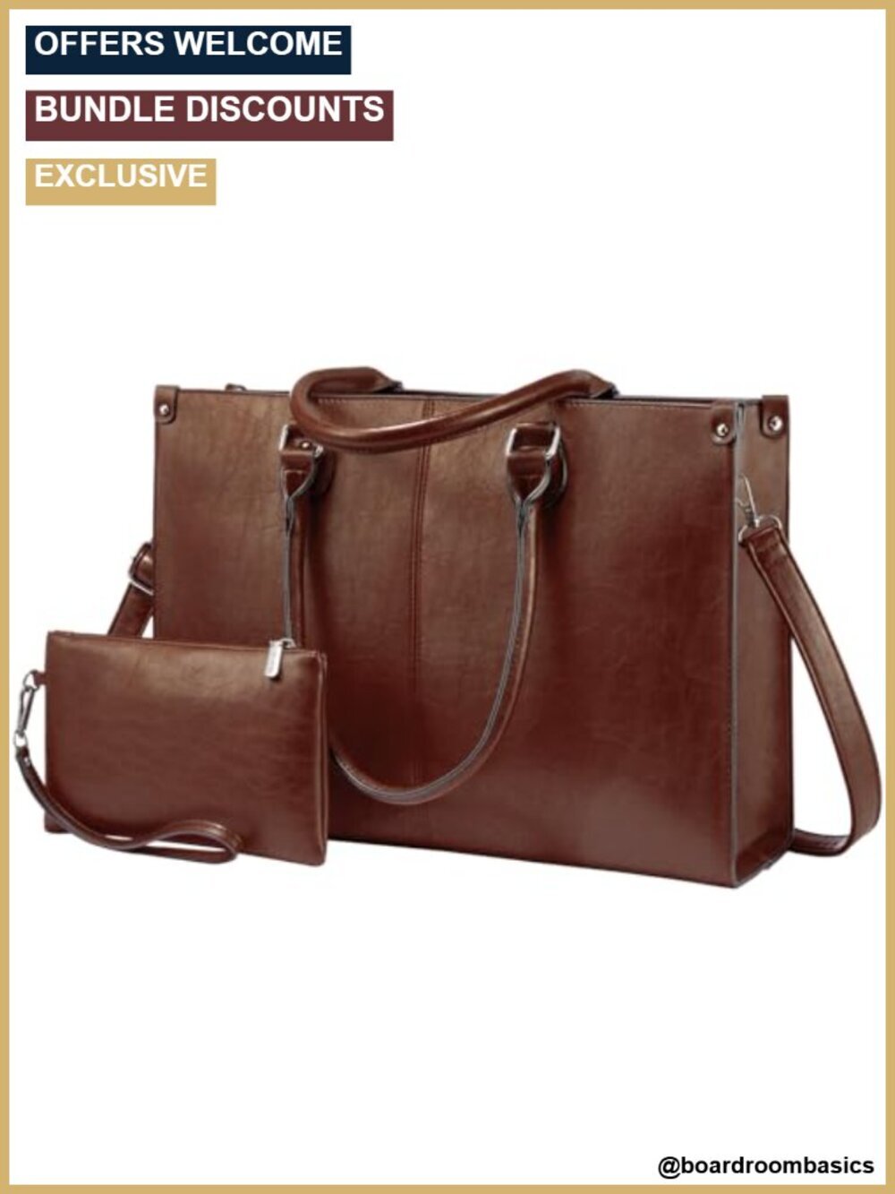 15.6" Laptop Tote with Matching Clutch, Waterproof Faux Leather Work Bag
